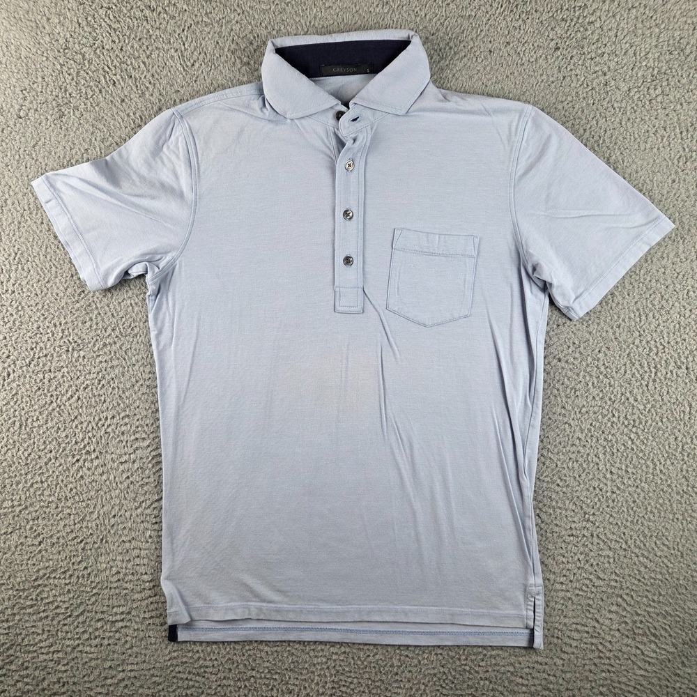 Greyson Polo Shirt Mens Small Blue Solid Logo Stretch Golf Short Sleeve